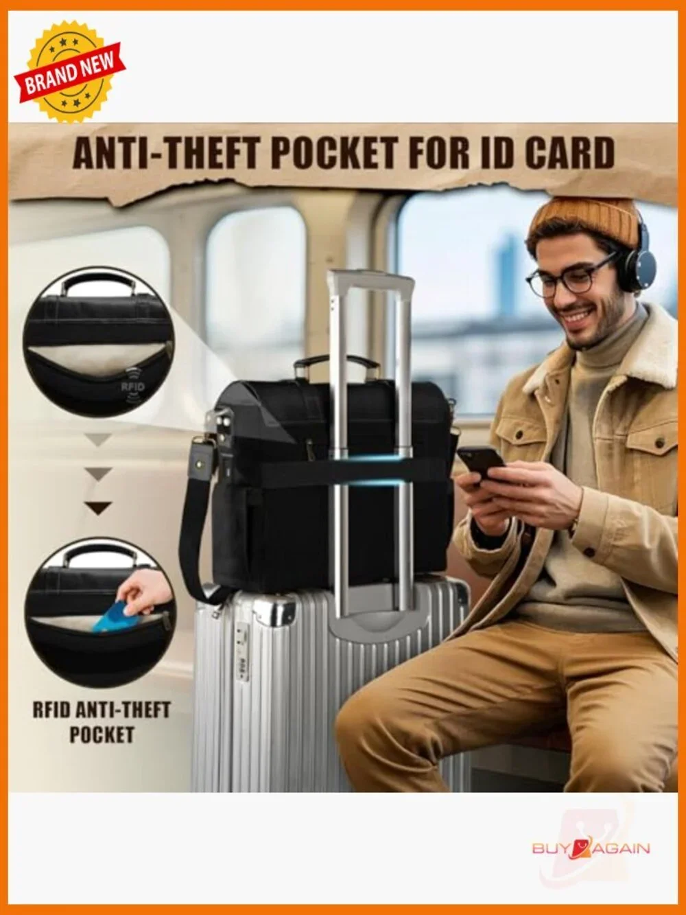 Canvas Work Bag with USB Charging Port & RFID Blocking, 15.6 Inch Laptop